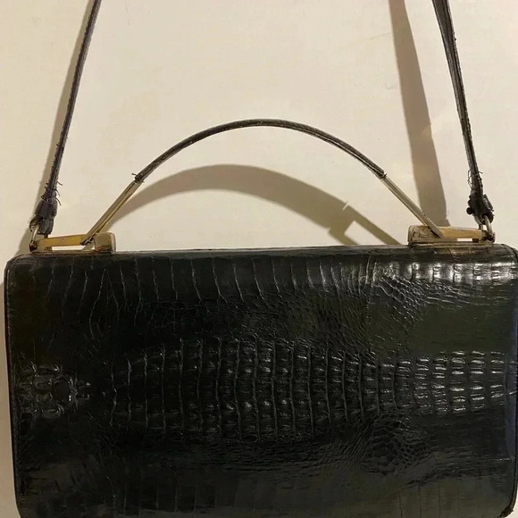 Handmade vintage crocodile black shoulder bag - Picture 5 of 12